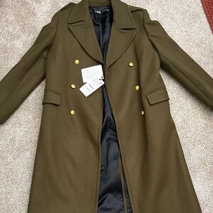 Zara Khaki Green Coat with Gold Buttons